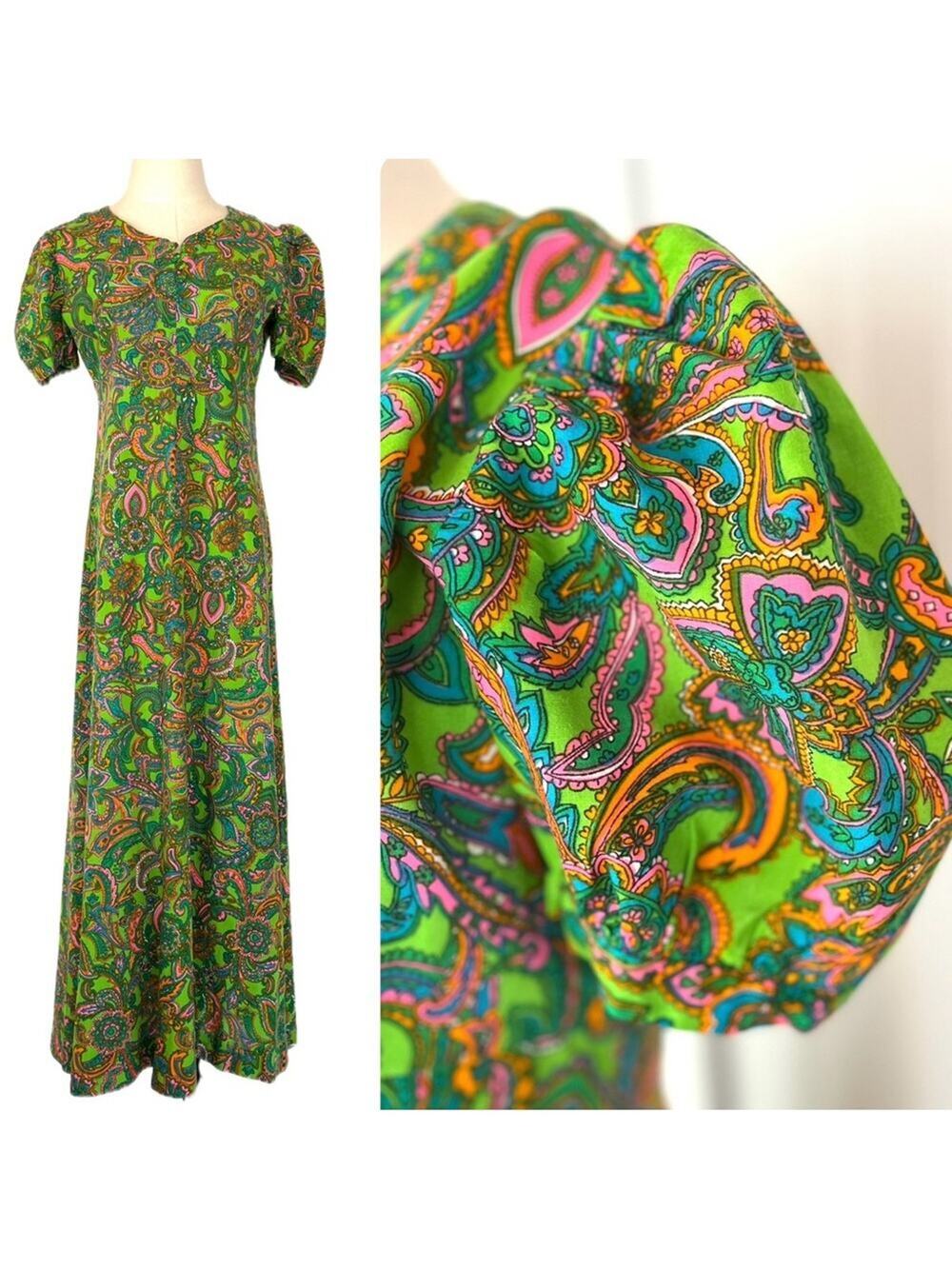 Vintage Psychedelic Colorful Paisley Maxi Dress Puff Sleeves Medium Bright Green